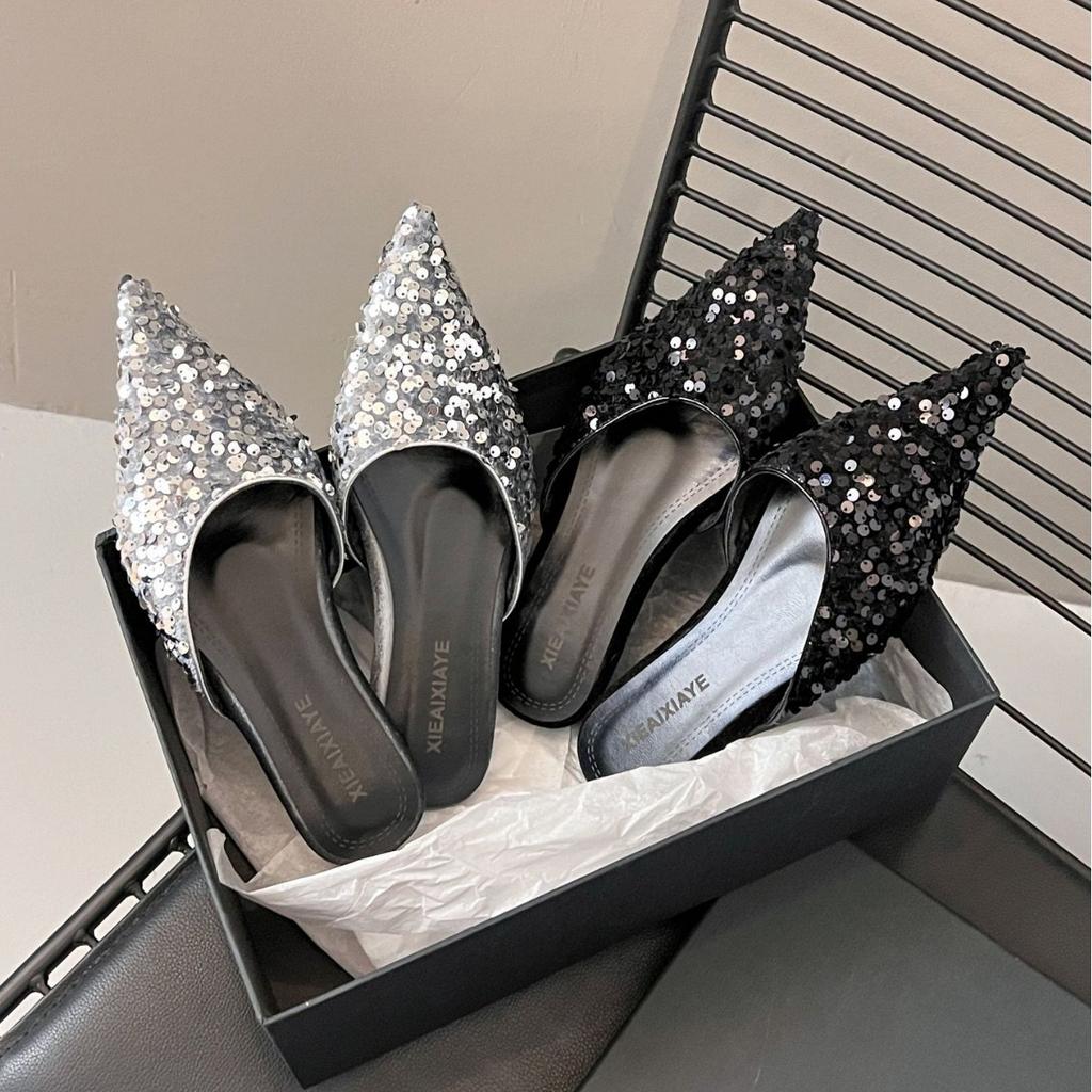 Baotou Slippers Women's 2025 Spring and Summer New Outer Wear Sandals Pointed Sequins Flat-bottomed Lazy Half Slippers