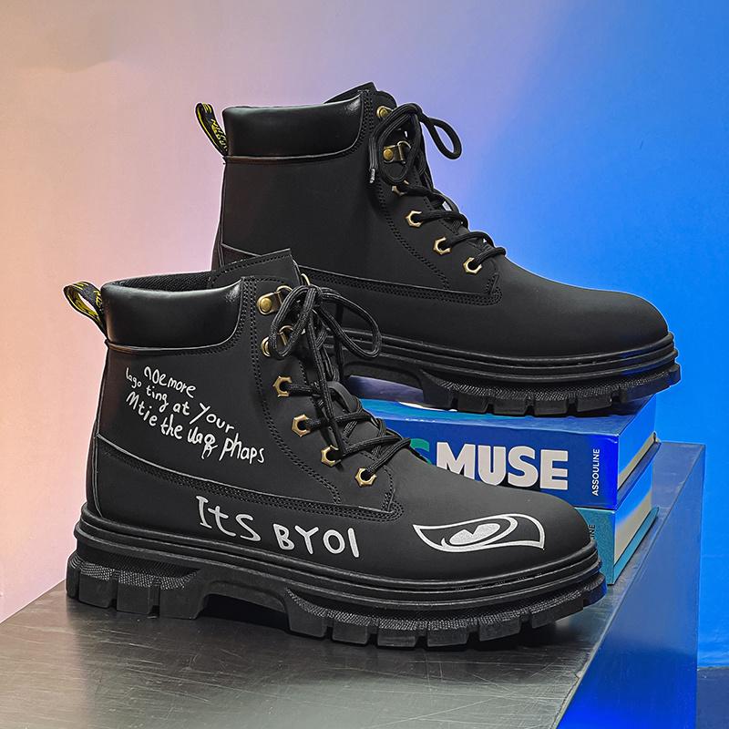 Black Graffiti Men's Motorcycle Boot High Top Platform Man Boots Trendy Streetwear Leather Ankle Boots for Men Botas De Cuero