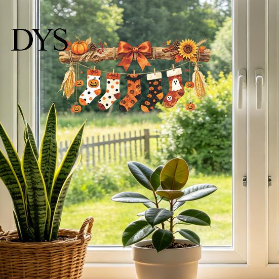 Autumn Theme Party Decor Halloween Hanging Socks Window Stickers, Decorative Branch Pumpkin Popcorn & Bow Decals for Glass Stickers Harvest