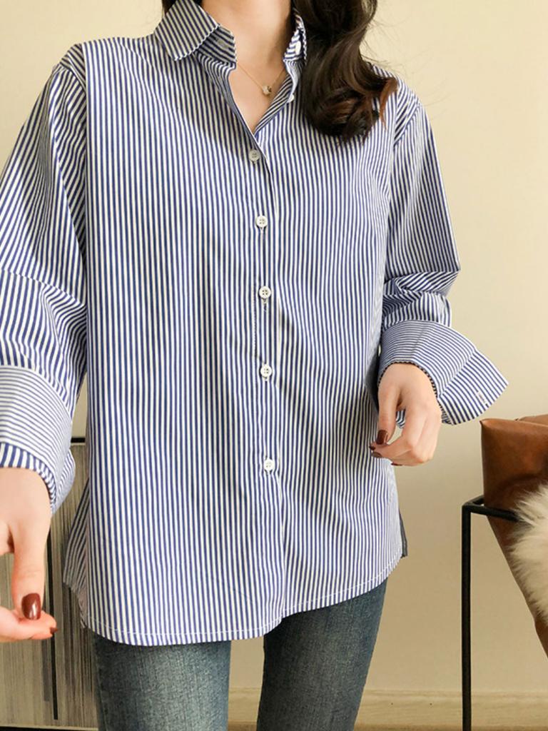 Casual Striped Shirt for Women Long-sleeved Loose Professional Shirt Blue Cardigan Tops Female Clothing Autumn