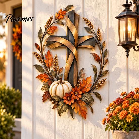 Floral Pumpkin Cross Sign Autumn Harvest Metal Wall Decor, Rustic with Golden Wheat Farmhouse Thanksgiving Door & Fall Leaves, Plaque for Porch Garden