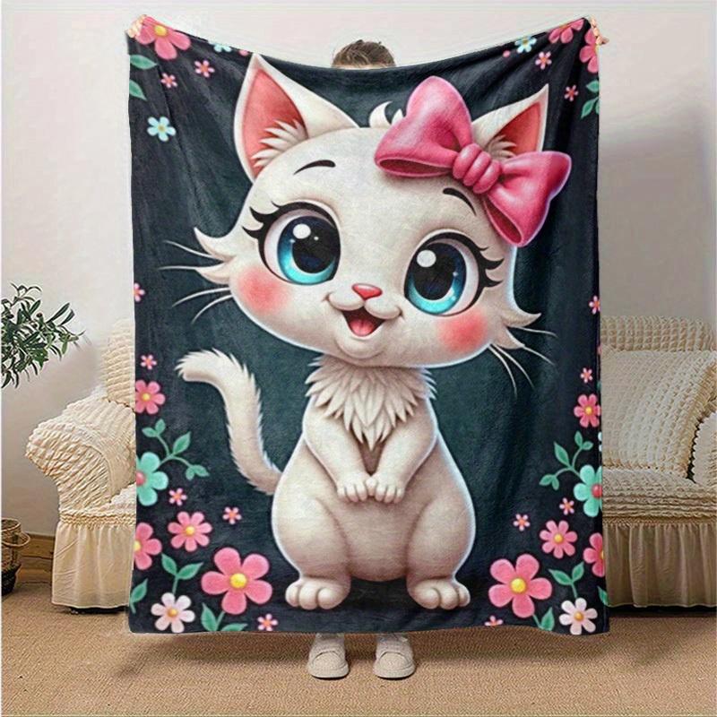 1pc Cute Cartoon Cat with Pink Bow Blanket - Seasonal Home Decor, Throw Blanket for All Seasons, for Decorating Your Own Sofa and Living Roo