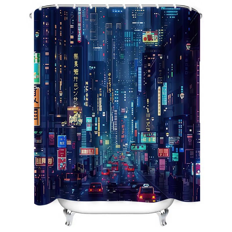 Tenda da Doccia Cyberpunk Cityscape Vita Notturna Urbana Decorazioni Bagno Insegne al Neon Architettura Futuristica Atmosfera Sci-Fi Eleva lo Spazio
