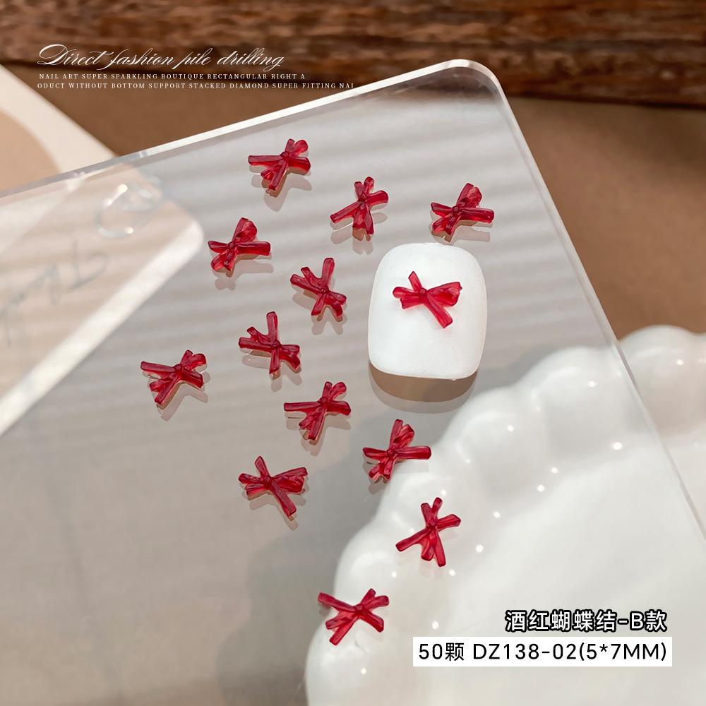 Wine Red Bow Nail Accessories Popular Online Items Solid Color Three-dimensional Hollow Tie Cartoon Resin