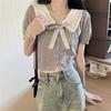 Doll Collar Hollowed-out Short-sleeved Knitted Cardigan for Women Sweet Scalloped Turnover Collar Short College-style Elegant Top In Summer
