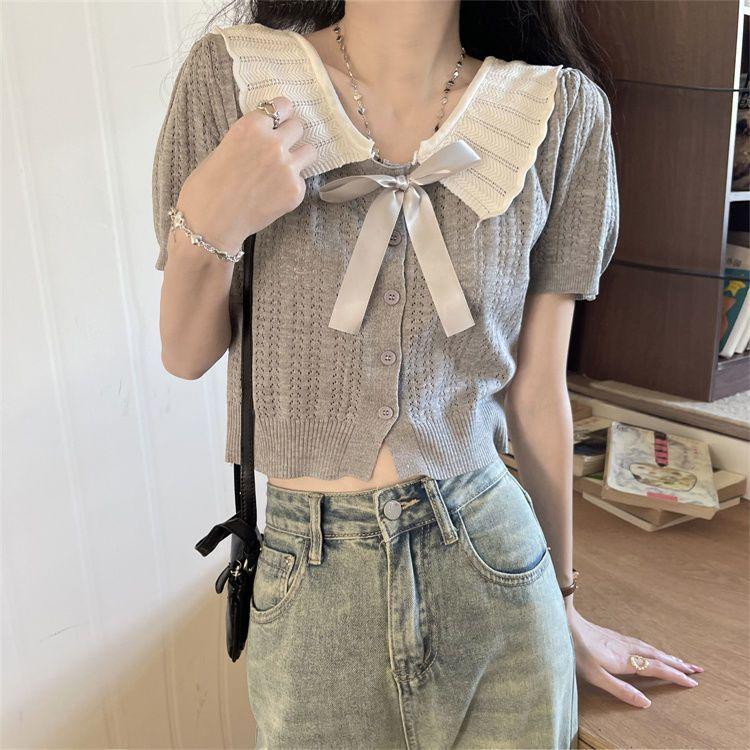 Doll Collar Hollowed-out Short-sleeved Knitted Cardigan for Women Sweet Scalloped Turnover Collar Short College-style Elegant Top In Summer