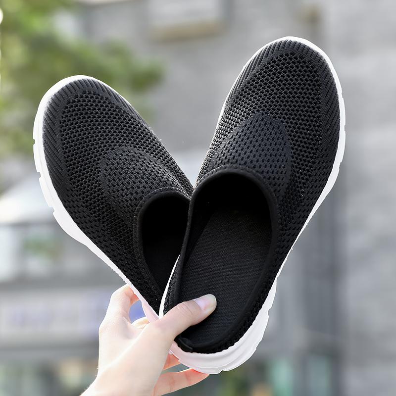 Round Toe Women's Slippers Knitted Mesh Walking Shoes Lightweight Half Slippers Casual Flats Big Size 35-48 Leisure Shoes Anti-slip