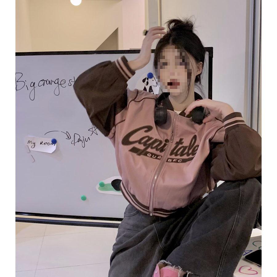 2024 Spring/Autumn Women's Casual Letter Print Patchwork Baseball Jacket with Stand Collar