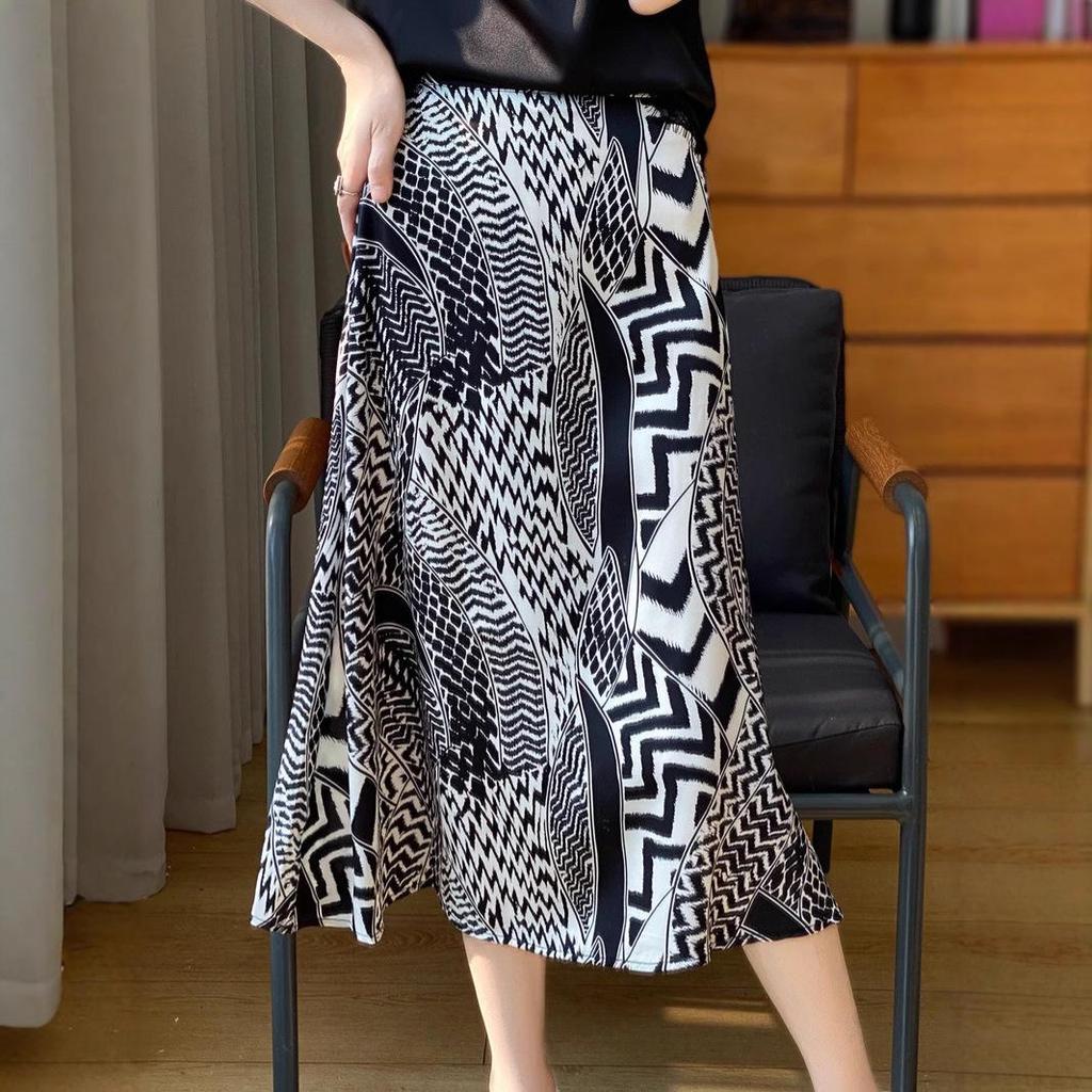 Women's High-Waist Silk A-Line Mid-Length Satin Skirt with Print