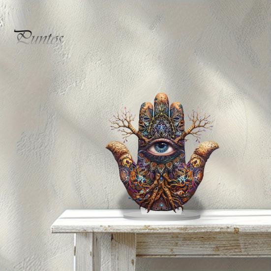 Ornement Art Acrylique Imperméable Main de Fatima, Ornement Hamsa Plat 2D avec Base Décorative Esthétique Ambiance Café, Pièce Maîtresse Exotique Mystérieuse