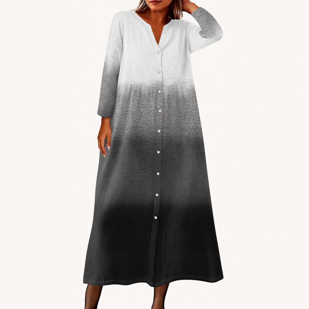 Damen Modisches Bedrucktes Rundhals Siebenviertelarm Knopf Lockeres Hemdkleid