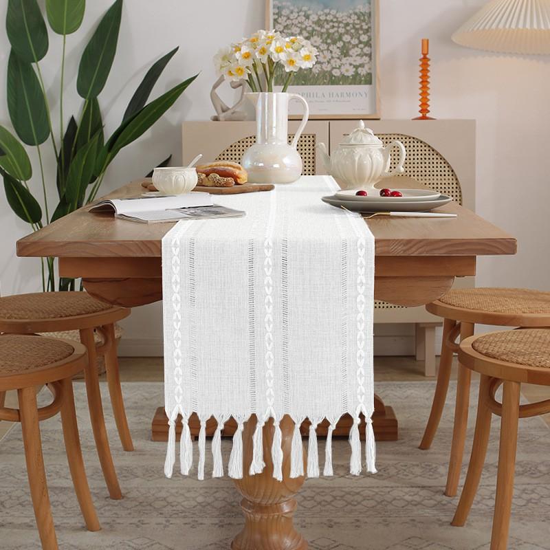 Handmade Tassel Cotton Linen Table Runner Dining Coffee Decor In American Rustic Style