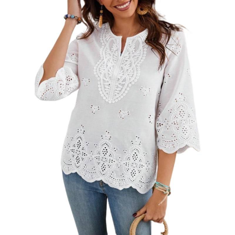 

Fashionable Women s T-shirt Sexy Lace V-neck Top Three-quarter Sleeve Shirt S белый