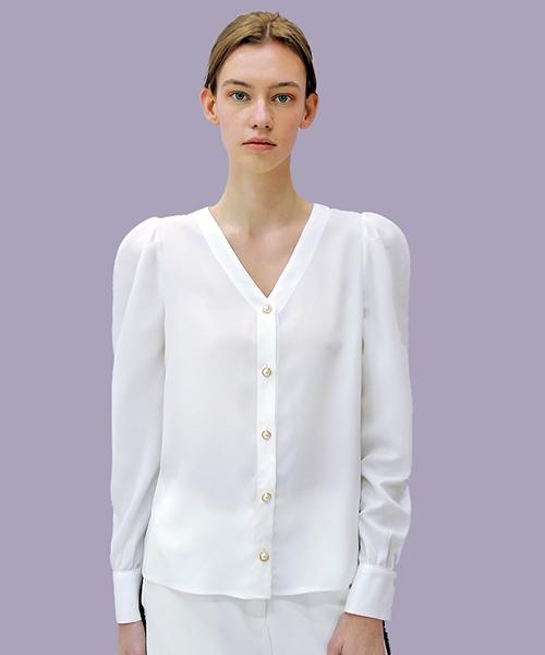 Demi Gnimonic Puff V-Neck White Blouse_ Puff V-Neck White Bl White/Free
