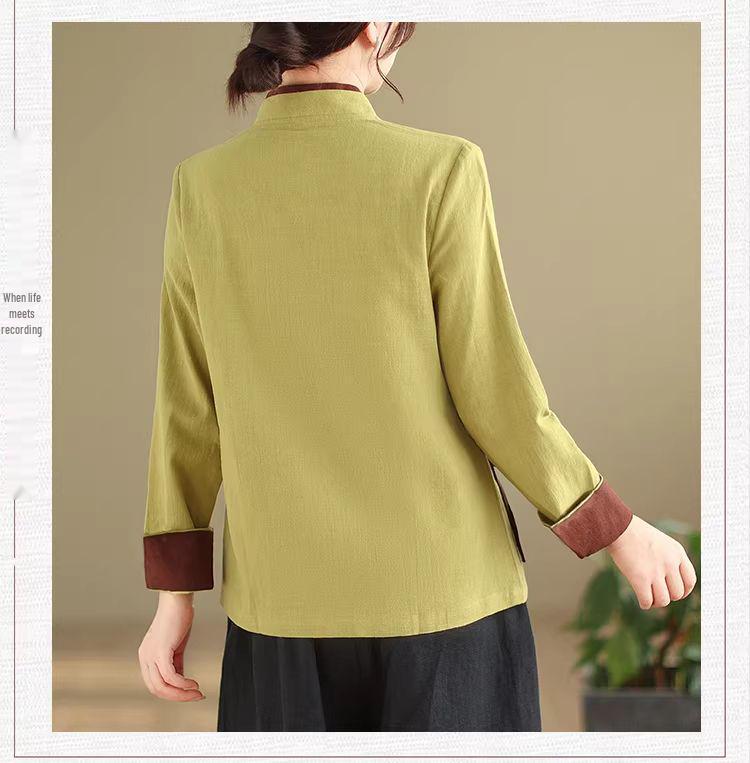 Plus Size Cotton Linen Zen Tea Shirt: Retro Chinese Style with Oblique Collar & Tie-up