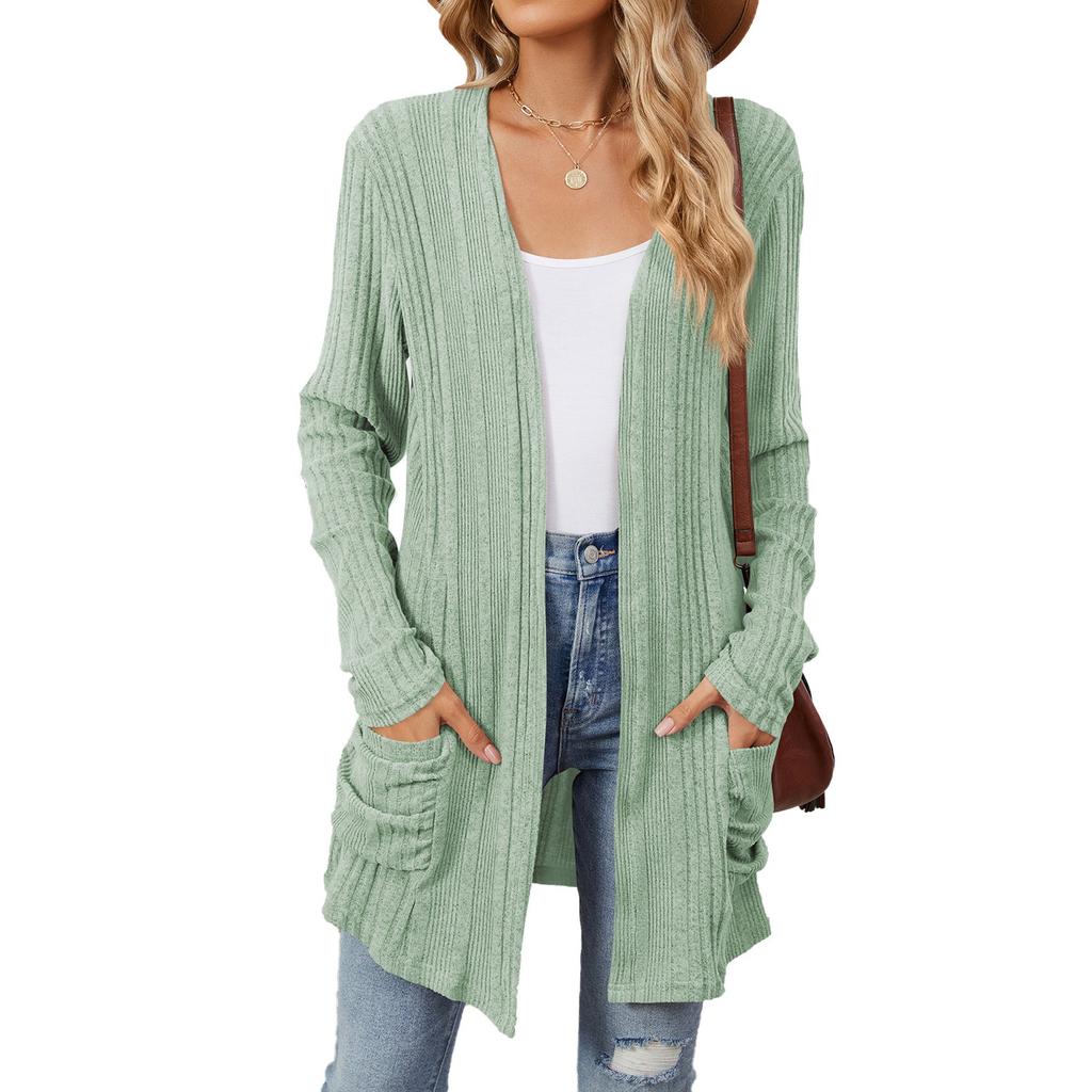 Autumn and Winter New Pit Stripes Long-sleeved Pockets Casual Solid Color Cardigan Jacket Long Cardigan Women Tops Kawaii Sweater