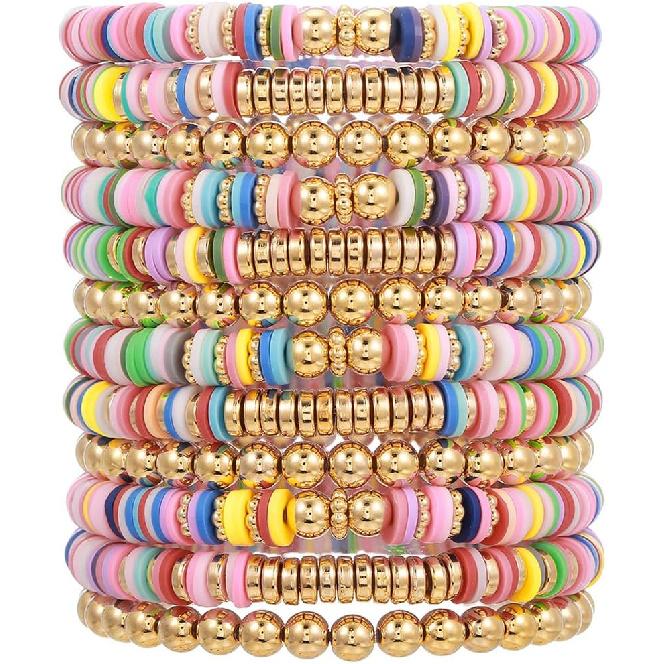 12pcs Friendship Bracelets Beaded Bracelets Heishi Bracelet Cute Bracelets Stack Vinyl Clay Disc Bead Surfer Stretch Summer Beach Bracelets For Women