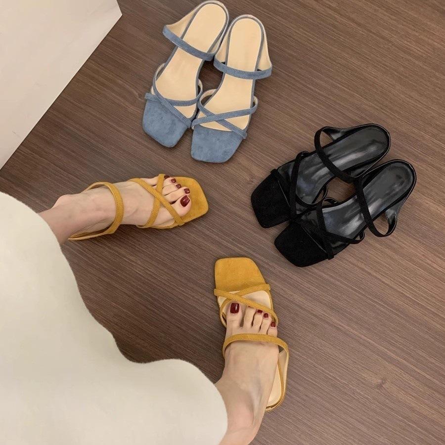 French fairy wind cross with open-toed square slippers female summer wear beautiful 3cm small thick heel suede cool slippers