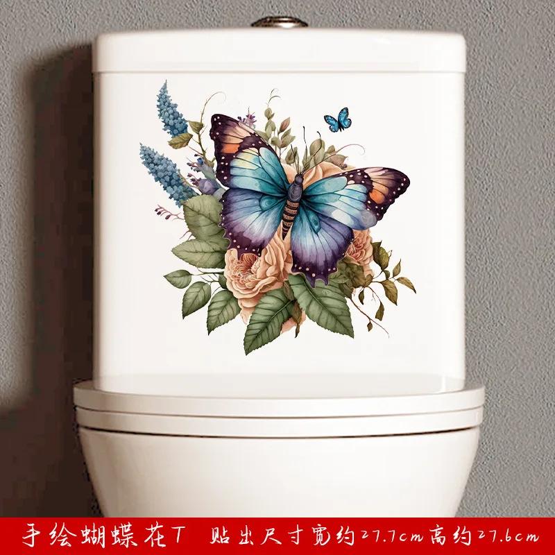 

1pc Plant Flowers Butterfly Toilet Stickers for Toilet lid Decor Window Wall Decal Transparent Frosted Decorative Painting 30x30cm