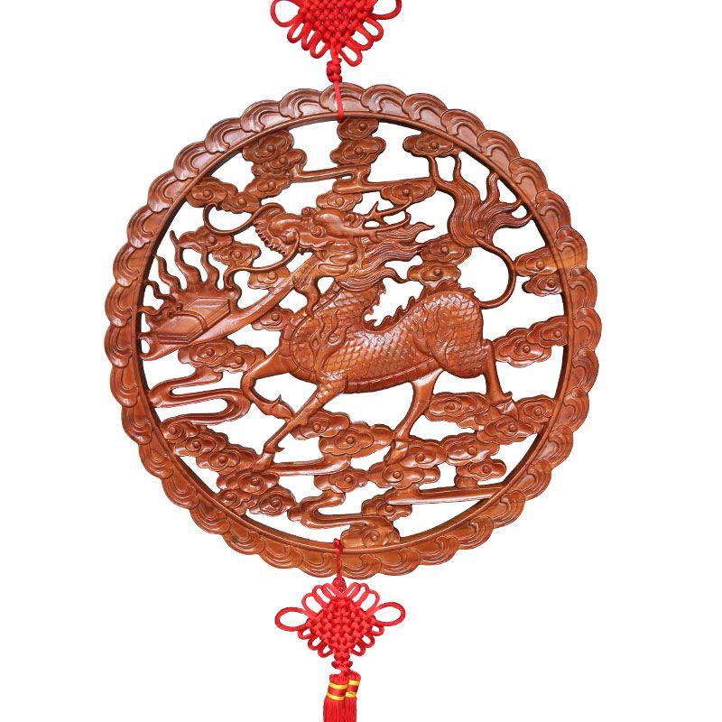 Peach Wood Fu Character Door Hanging: Chinese Knot Pendant, Feng Shui Housewarming Ornament for Living Room