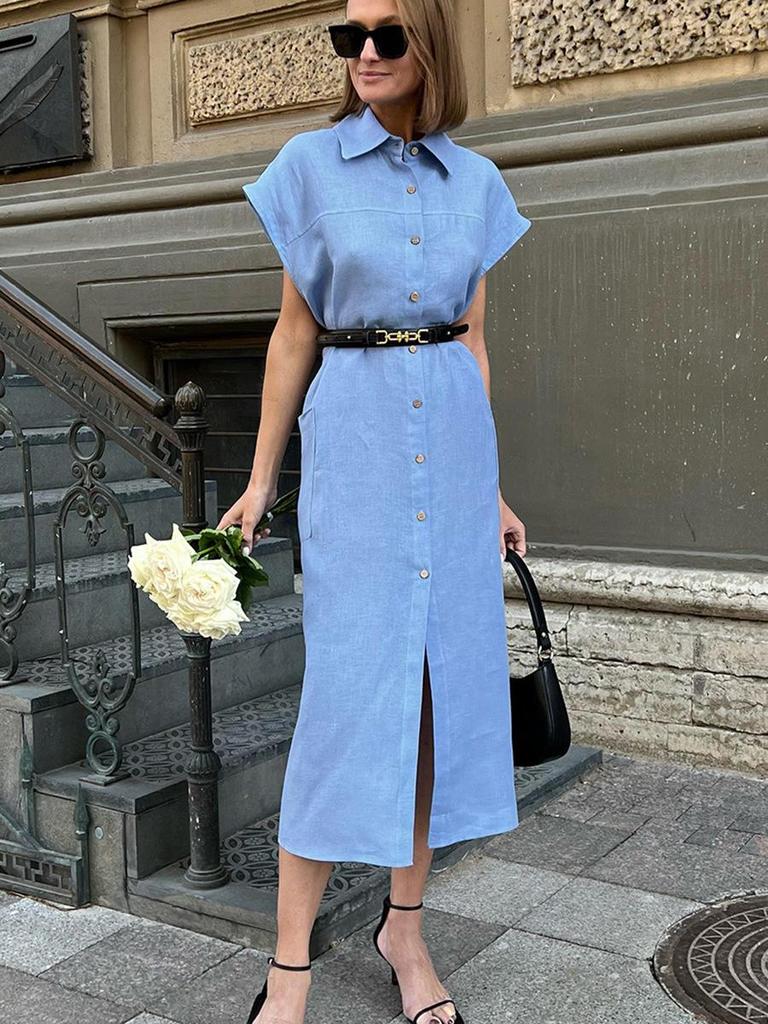 Elegant High Waist Sleeveless Cotton Linen Summer Dress with Turn-Down Collar