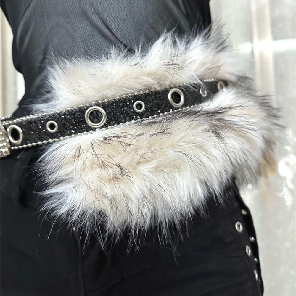 Punk Leather Fur Belt Rhinestone Y2K Plush Waist Belt Fashion Furry Waistband Daily