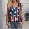 Women's Fashion Casual American Independence Day Flag and Stars Print V-Neck Ruffled Sleeveless T-Shirt Top