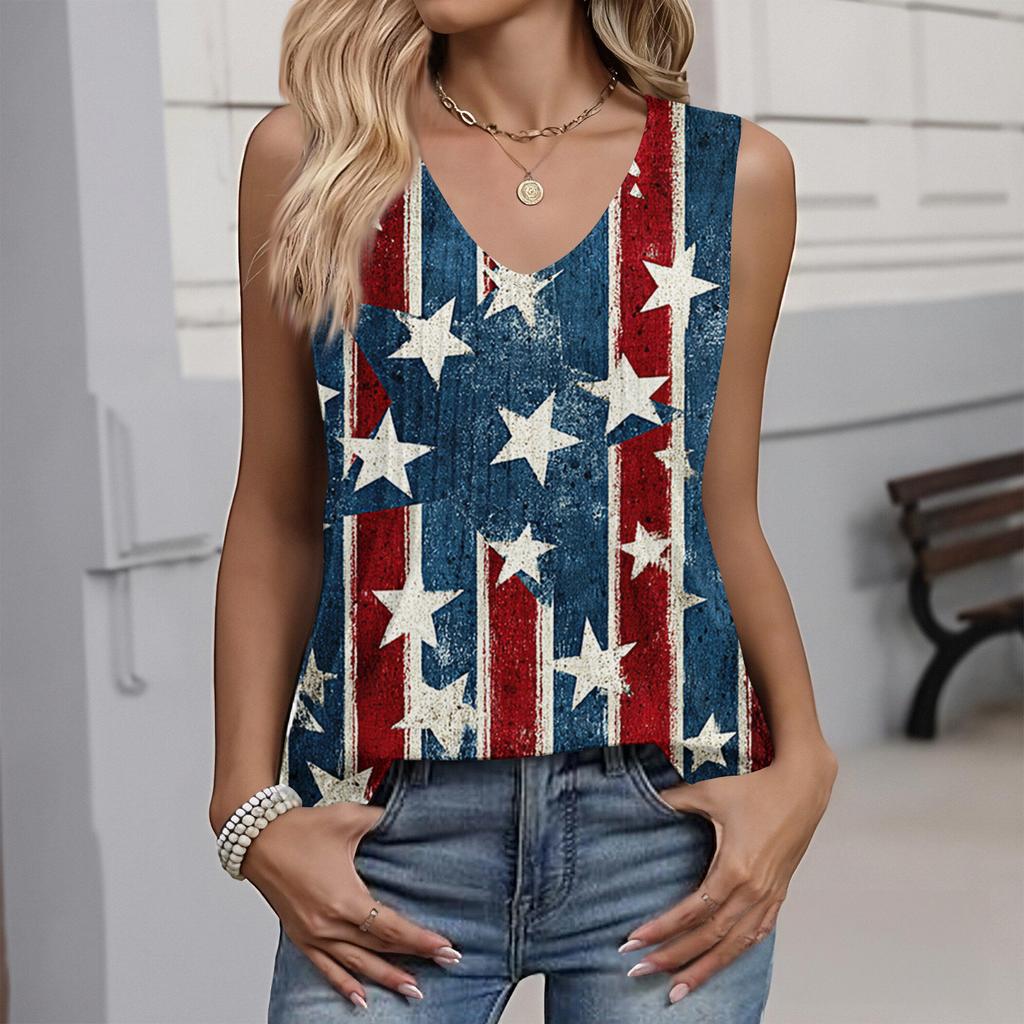 Women's Fashion Casual American Independence Day Flag and Stars Print V-Neck Ruffled Sleeveless T-Shirt Top