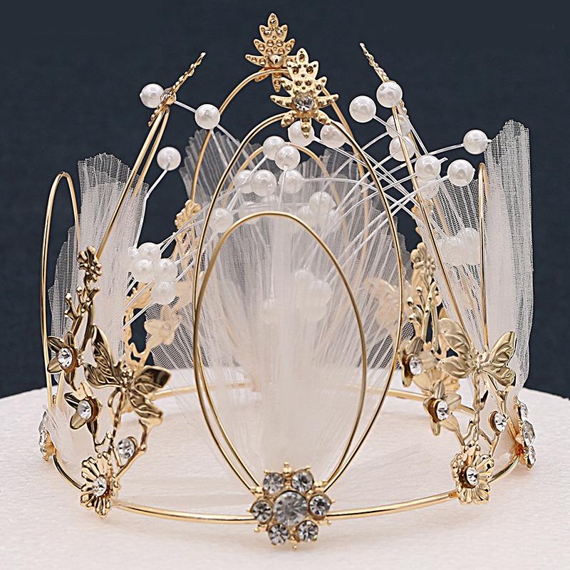 Fairy Princess Crown with Mesh Round Headwear with String Beads Queen Cake Decoration Costume Hair Accessory for Women Baking