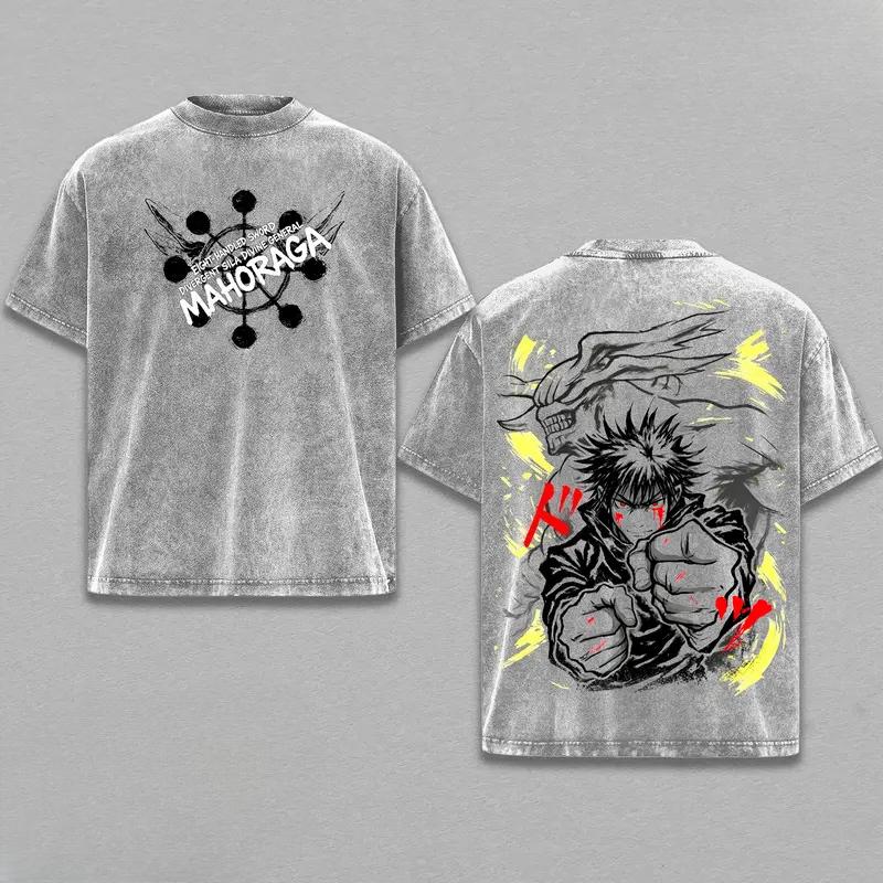 Fushiguro Megumi Mahoraga Print T-shirt Anime Jujutsu Kaisen Clothing Men Women Tshirts Retro Washed T Shirt Harajuku Cotton Top