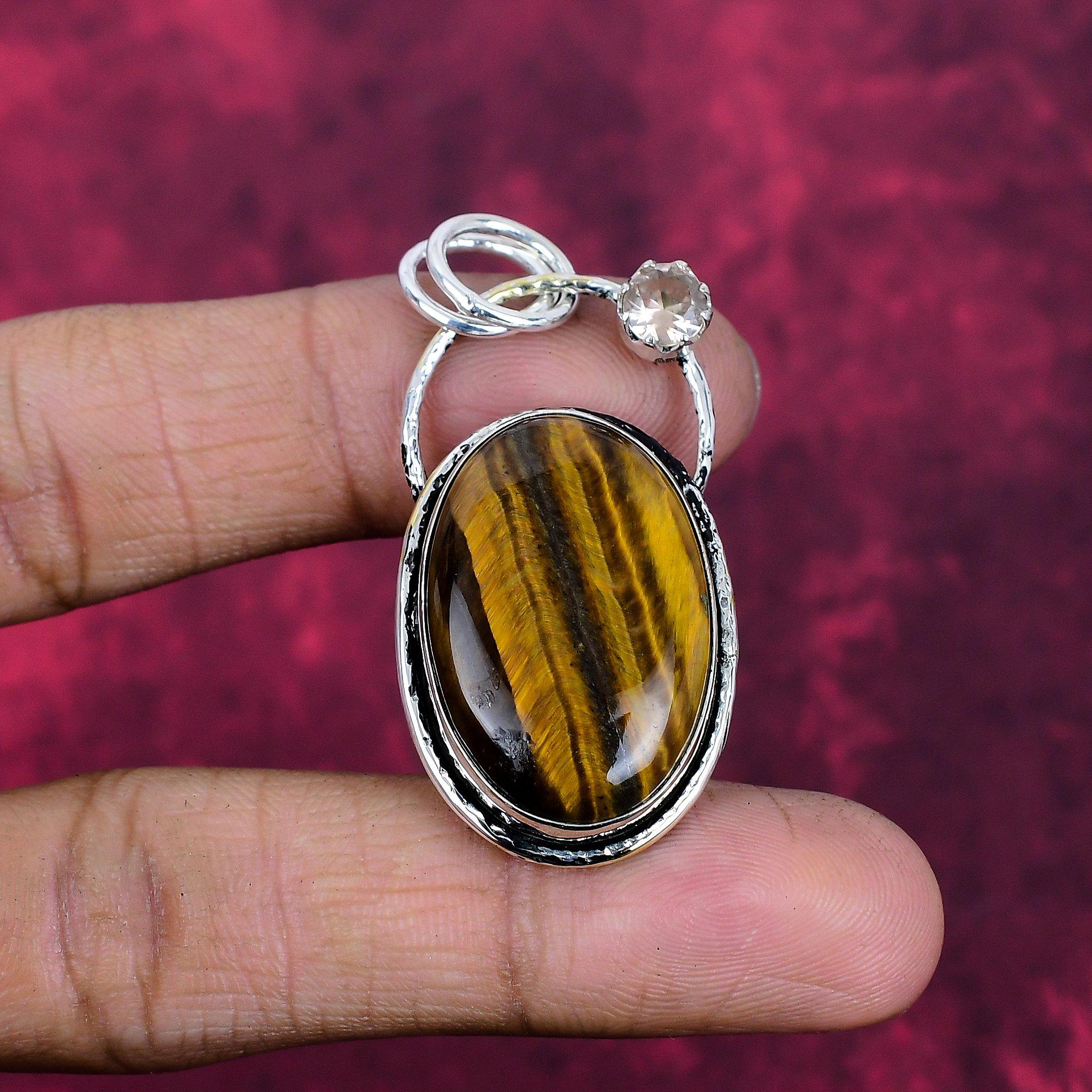 

Tiger Eye & Morganite Pendant, 925 Solid Sterling Silver Jewelry, Gemstone Pendant, Gift For Her Handmade Beautiful Jewelry 1.96 Inches