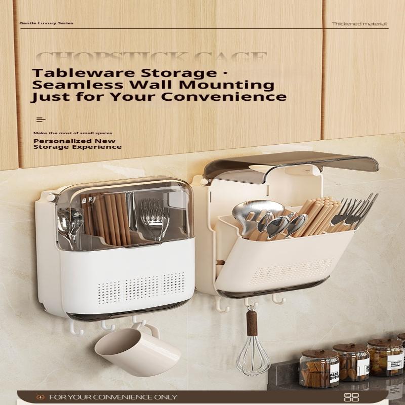 Wall Mounted Kitchen Cutlery Holder Breathable Dust-Proof Utensil Drainer No Punching With Lid Chopstick Storage Box
