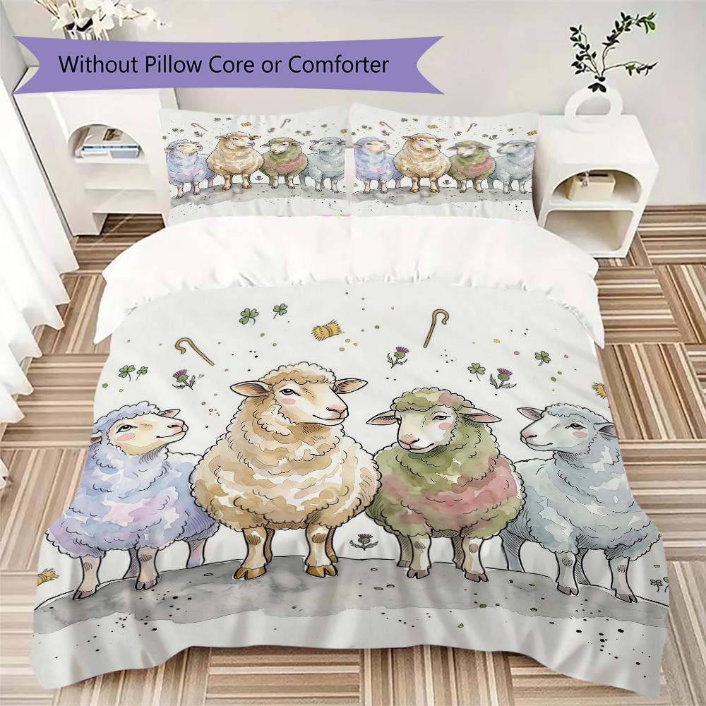 Watercolor Sheep Pattern Bedding Uilt Set Uilt Cover Pillowcase Home Decoration Birthday Gift (1 * Duvet Cover + 2 * Pillowcase Without Core)