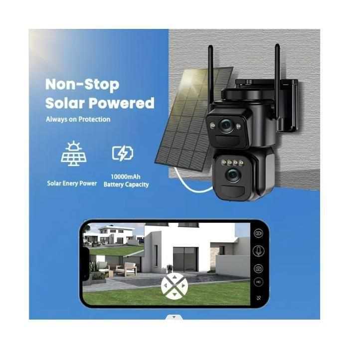 Caméra de sécurité - Solaire - Double lentille - 1080p - Vision nocturne - Wi-Fi intégré