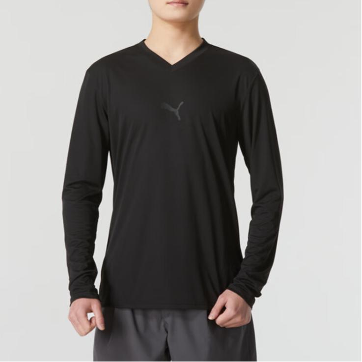 Puma Solid Color Casual Running Fitness Training Comfortable Sweat-Wicking Breathable V-Neck Long Sleeve T-Shirt Men Tops Black 658777-03