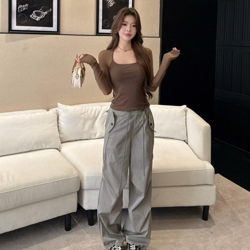 #Summer New Pure Desire Wind Full Diamond Splicing Mesh Long-sleeved T-sleeved Slim and Thin Integrated Woman with Chest Pad