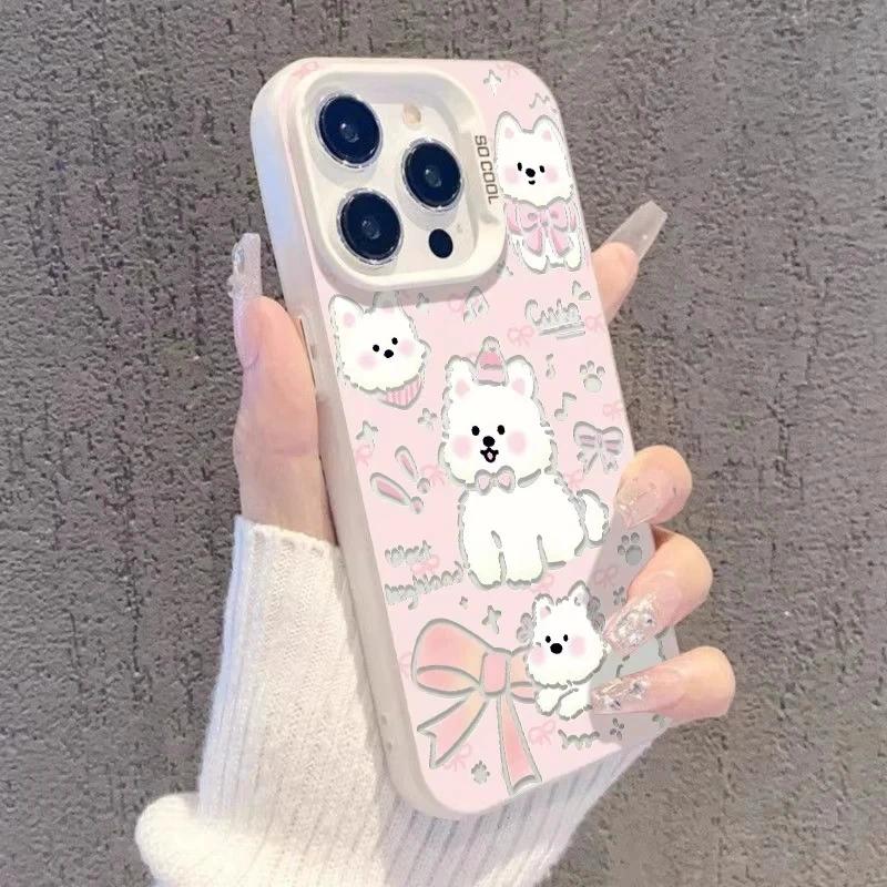 Cute West Highland White Terrier Phone Case, Pink Bow Puppy Shockproof Cover for iPhone
