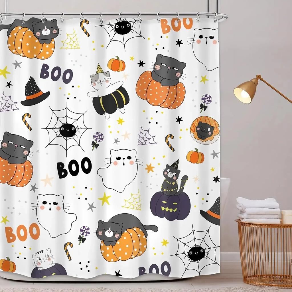 Halloween Scary Spooky Shower Curtain Pumpkin Bat Spider Scary Skeleton Holiday Gift Shower Curtains Bathroom Decor With Hooks