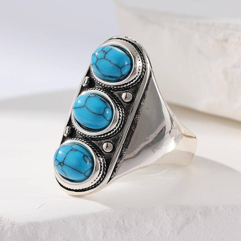 Ethnic CopperColor Inlaid Imitation Turquoise Women's Ring Geometry Daily Wear Party Jewelry