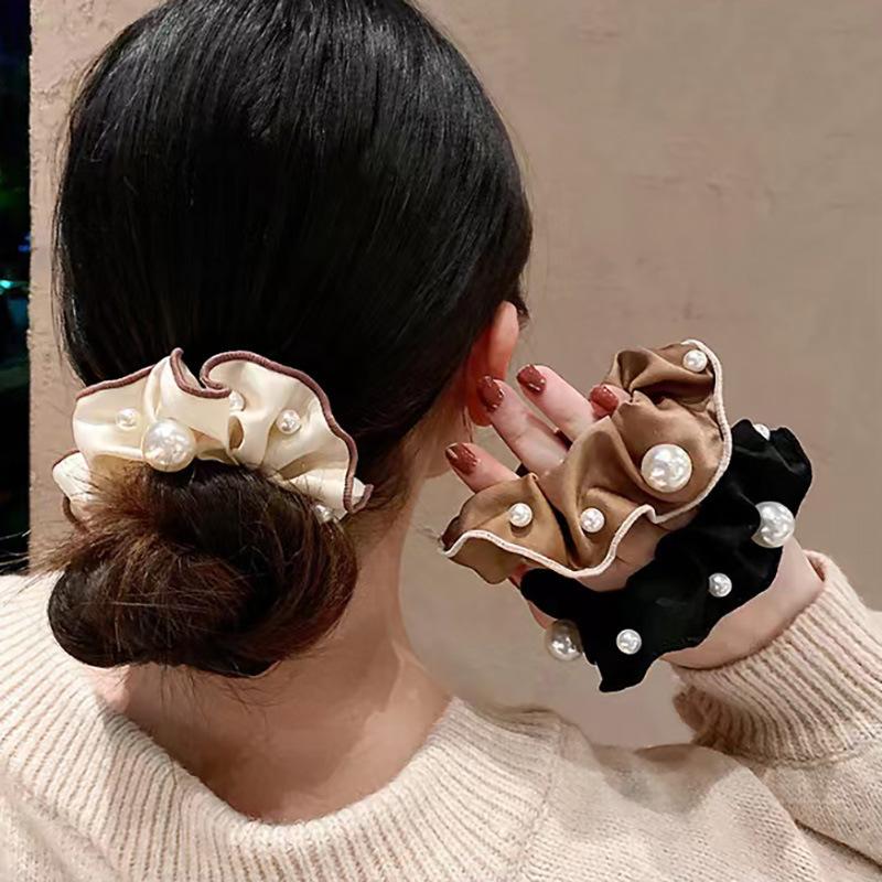 3Pcs Fashion Korean Style Version Pearl Headband Simple and Fashionable Fabric Colon Headband Sweet Ponytail Maruko Hair Rope