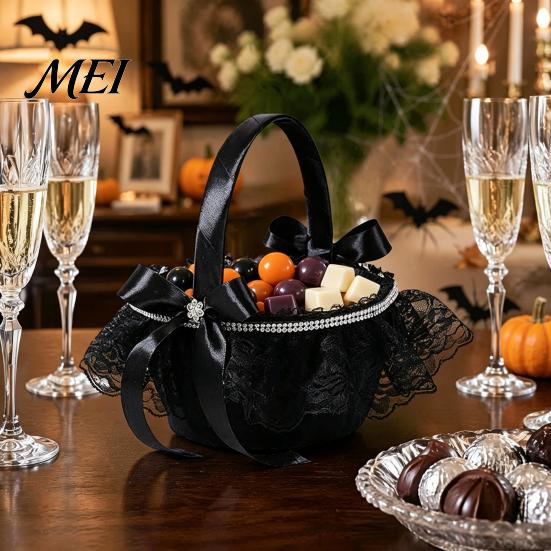 Decorative Ghost Candy Basket Black Flower Girl with Handle And Bow, Gothic Satin Handheld Halloween Decoration Lace for Wedding Ceremony, Bridal