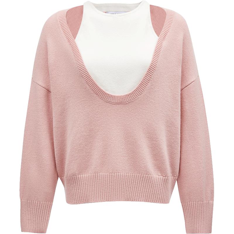 VEROMODA Women's Faux Two-Piece U-Neck Color-Block Long-Sleeve Knit Sweater