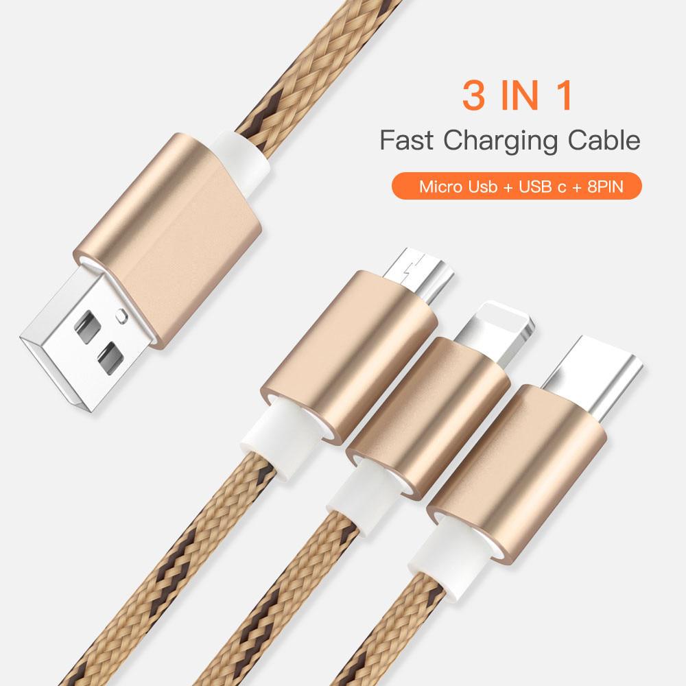 3 In 1 USB Charger Cable for iPhone Micro USB Type C Cable for Fast Charging Cable Charger Cord