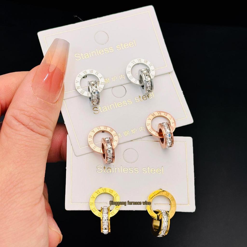 Rose Gold Titanium Steel Diamond Stud & Double Ring Dangle Earrings for Women
