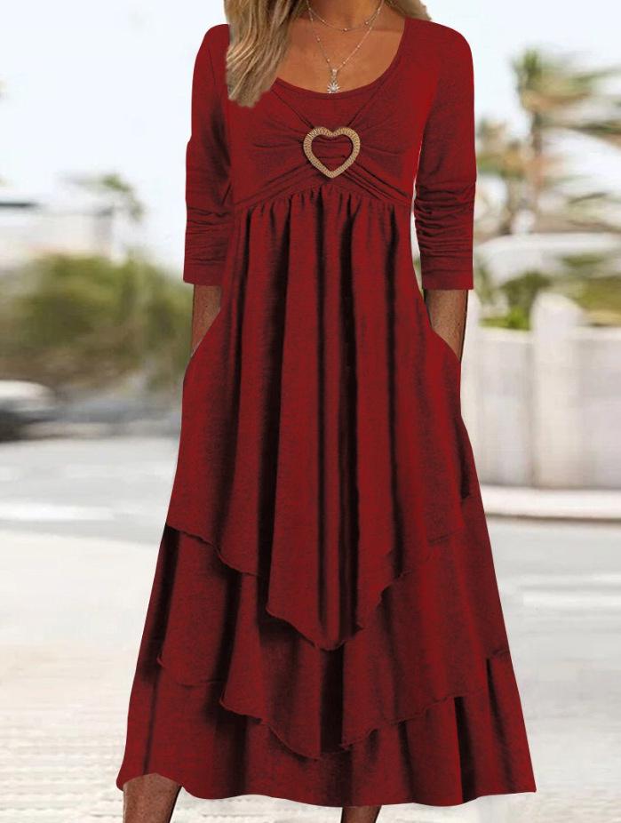 In Stock: 2026 Spring/Autumn European-American Waist-Cinching Casual Dress with Heart Detail and Tiered Hem