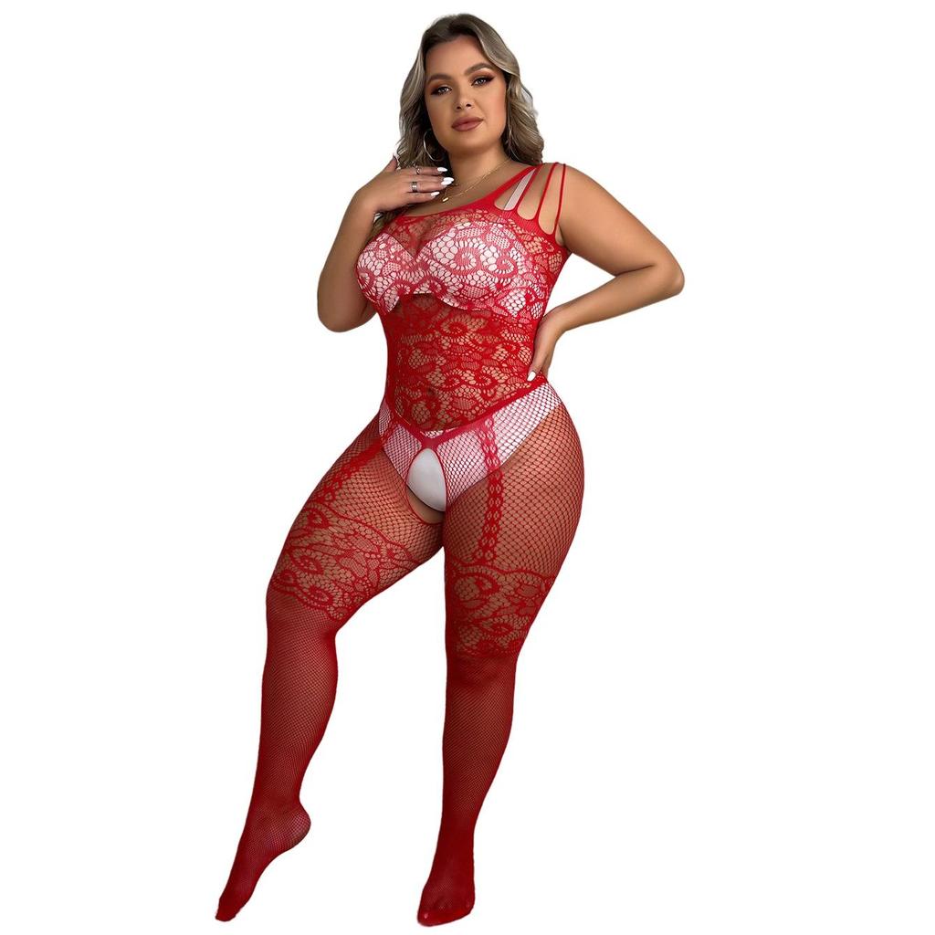 Oversize ženy Sexy síťované jednodílné body punčochové kalhoty Krajkové body Spodní prádlo Velká velikost
