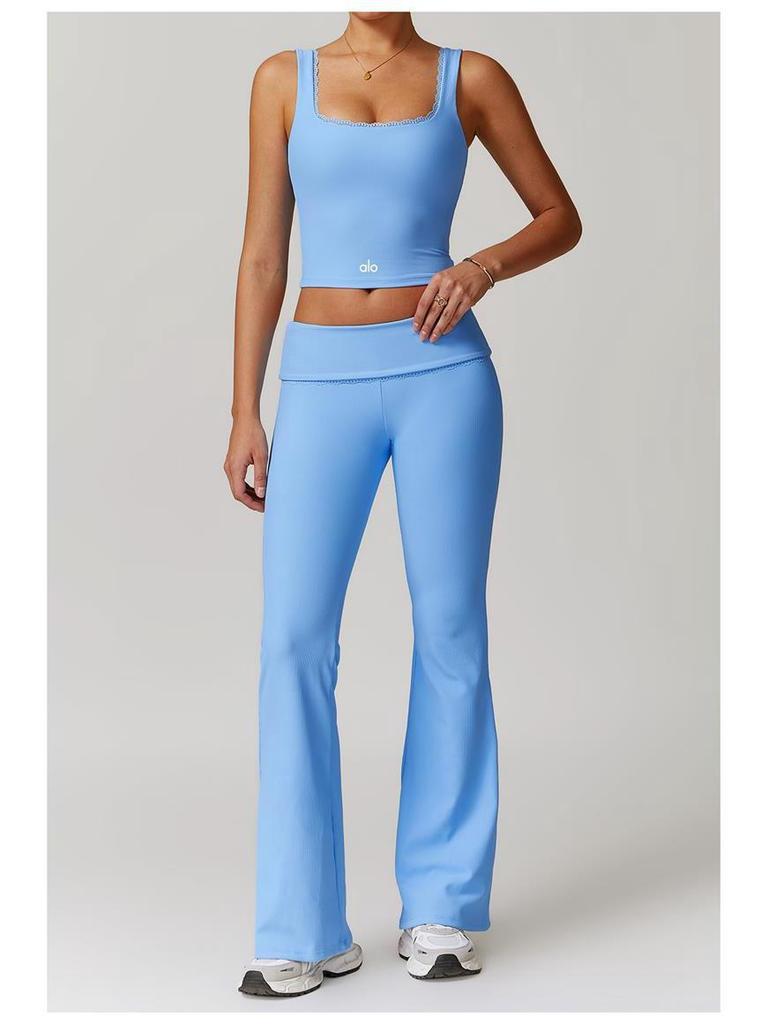 Prada Damen High-Waist Yoga Schlankmachende Weitbeinige Hosen & Spitze Fitness Set