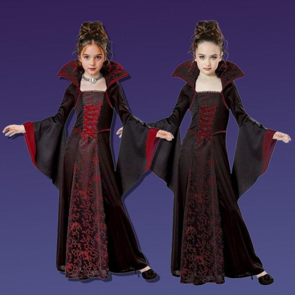 Stand Collar Halloween Witch Long Dress Bell Sleeve Children Medieval Printed Dress  Adults