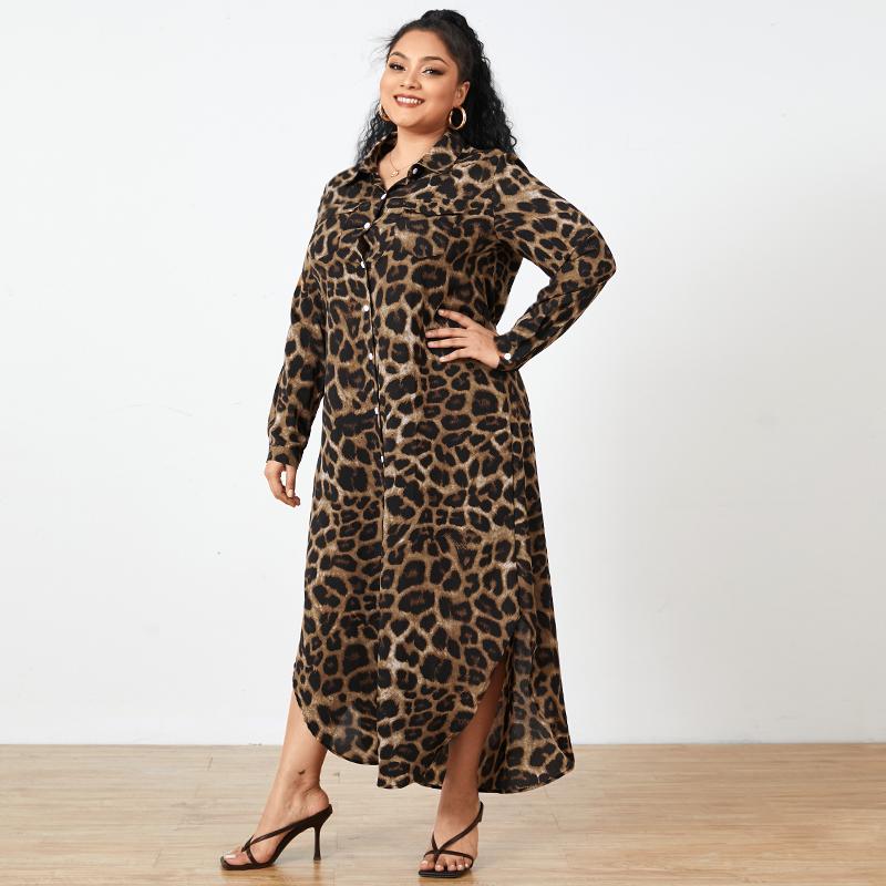 

Женское повседневное платье с лацканами и длинными рукавами с леопардовым принтом S