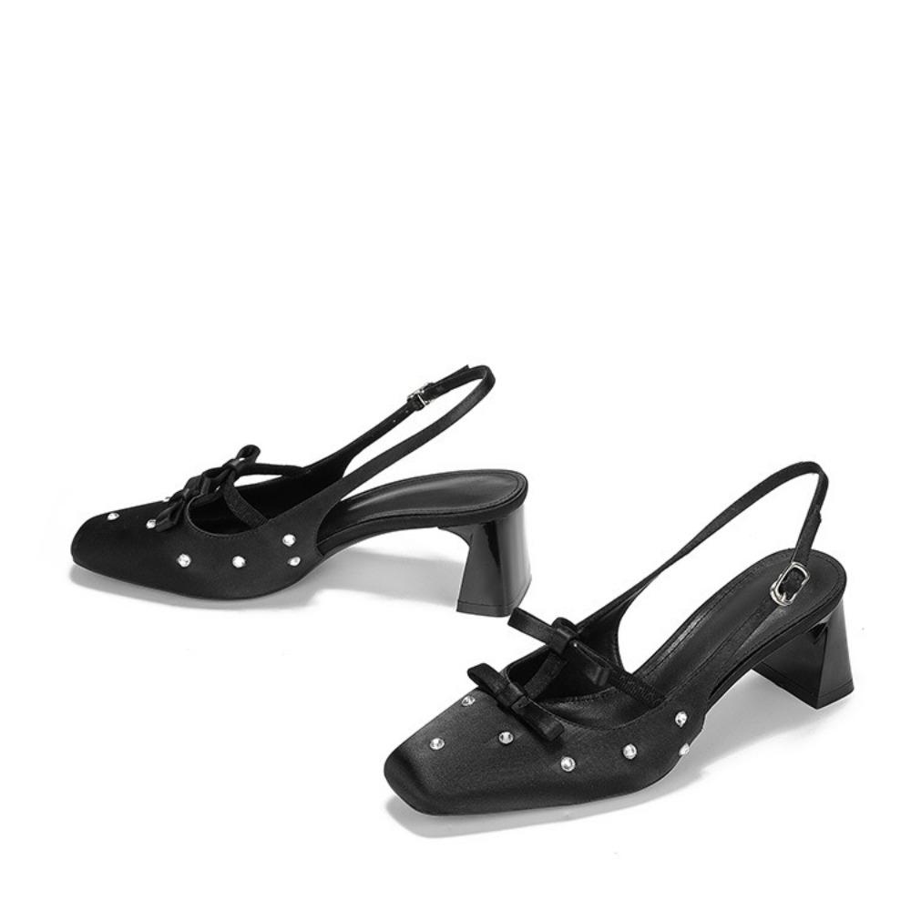 Fashion Heeled Sandals Back Empty Bow High Heels Women's 2025 New Summer Temperament Thick Heel Sandals Woman Shoes
